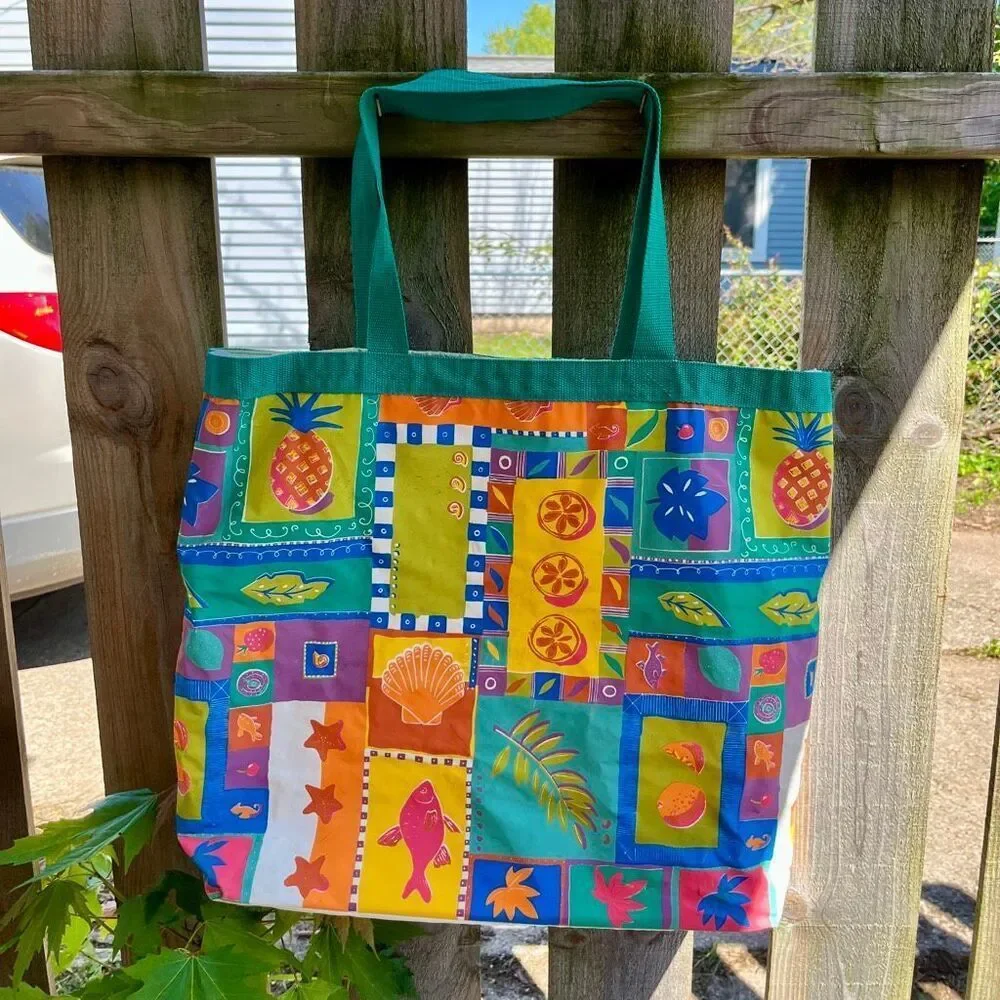 VTG 90s Tropical Vinyl Beach Tote Bag Poolside Coastal Grandma